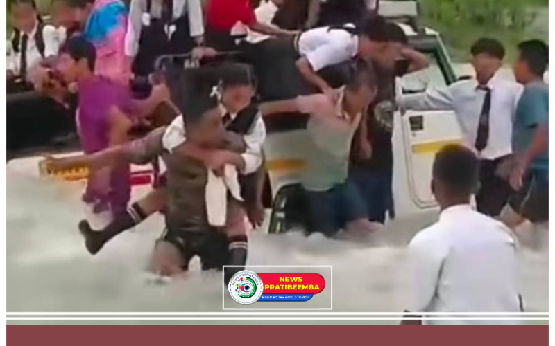 Stuck in the midst of river Fagu in rising water, 27 school students in a bus have a miraculous escape