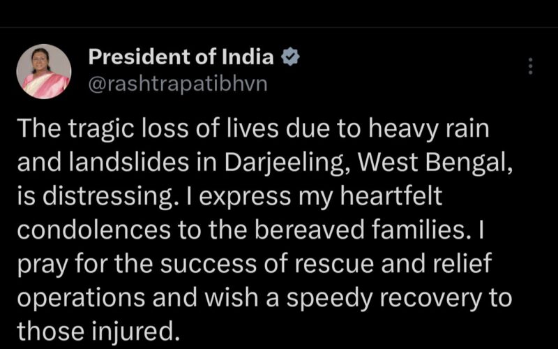 DARJEELING LANDSLIDES: The President of India Shares Her Condolences