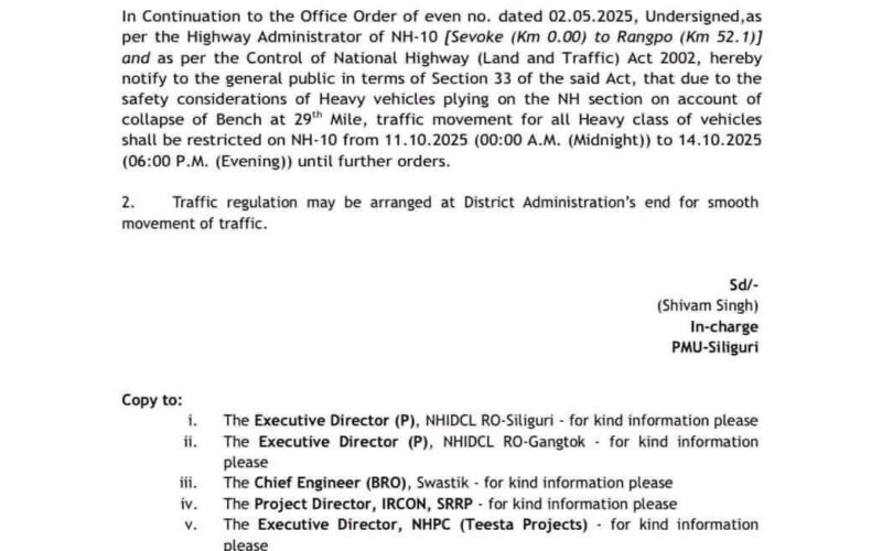 Heavy Vehicle Movement Restricted on NH-10 After Road Collapse at 29th Mile